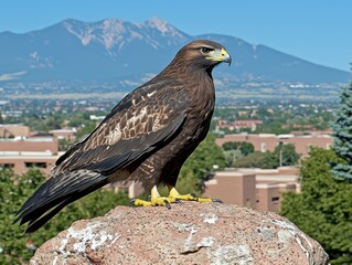 Fototapeta premium Majestic Hawk Perched on Rock with Scenic Mountain Background