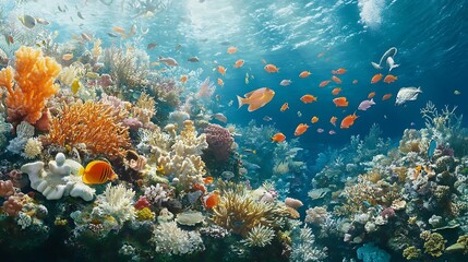 Fototapeta premium A vibrant coral reef ecosystem with schools of colorful fish and intricate coral structures