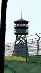 Obraz premium Guard Tower and Barbed Wire Fence on Prison Border