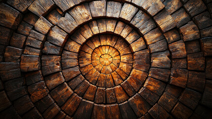 Fototapeta premium timber logs concept. Wooden logs arranged in circular pattern with dramatic lighting create stunning visual