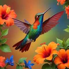 Obraz premium A colorful hummingbird with a long beak hovering near flower
