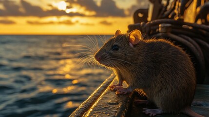 Sunset Seascape A Rat on a Ships Rail at Golden Hour