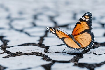 Obraz premium Butterfly perched on cracked soil: symbol of hope in climate change adaptation