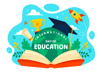 International Education Day Vector Illustration on January 24, Featuring Students, a Globe, and Educational Elements in a Flat Style Background
