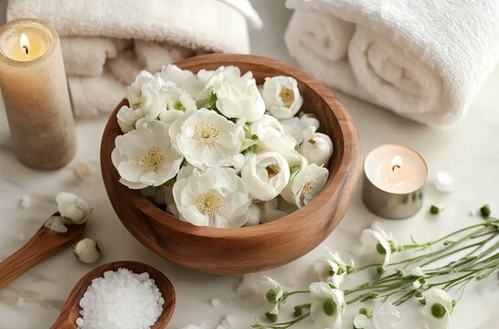 A wooden bowl with white flowers inside, surrounded by spa products like candles and salt pebbles on the table. A towel is folded in front of it, while another rose petal lies next to an oil bottle 