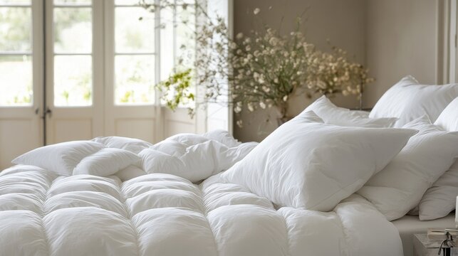 Luxurious White Bedding, Pillows, Duvet, Bedroom Decor, Soft Texture, Comfortable Sleep, Peaceful At