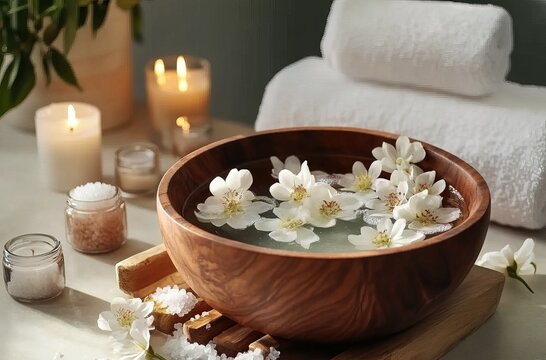 A wooden bowl with white flowers inside, surrounded by spa products like candles and salt pebbles on the table. A towel is folded in front of it, while another rose petal lies next to an oil bottle 
