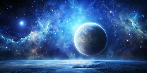 Fototapeta premium A celestial landscape featuring a large planet and a frozen, cratered planetoid, set against a vibrant nebula and starry expanse