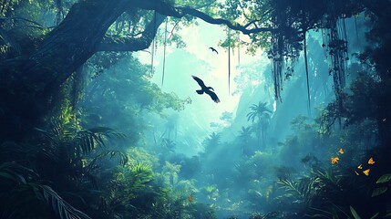 Obraz premium A vibrant rainforest with towering trees, hanging vines, and the distant calls of exotic birds 