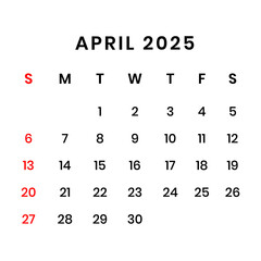 April 2025 Calendar png transparent background	