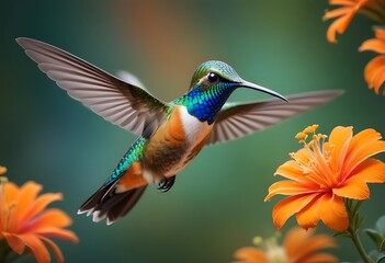 Obraz premium A colorful hummingbird with a long beak hovering near flower