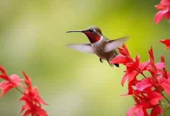 Fototapeta premium A colorful hummingbird with a long beak hovering near flower