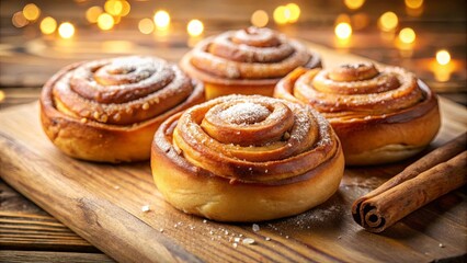 Warm Cinnamon Rolls with Powdered Sugar on Wooden Board