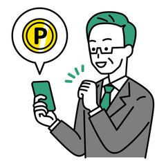 スマートフォンでポイ活をする中年のスーツの男性