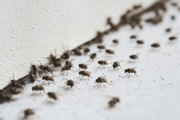 Numerous flies gather near a white wall. Illustrates pest infestation or control.