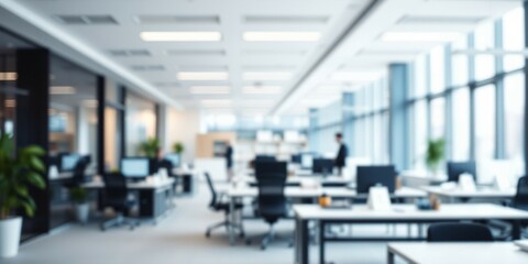 Abstract Blurred Image of a Modern and Bright Office Space Featuring Desks, Chairs, and Large Windows
