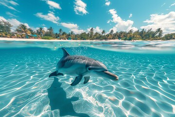 Fototapeta premium Dolphin swimming in crystal clear tropical ocean water near a beach.