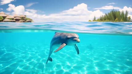 Naklejka premium Dolphin swimming in crystal clear tropical ocean water near island.