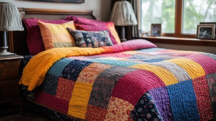 A cozy bedroom featuring a colorful patchwork quilt with vibrant patterns and pillows. A warm and inviting space, perfect for home decor themes.