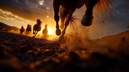 Majestic Herd of Horses Galloping at Sunset: A Breathtaking Sight