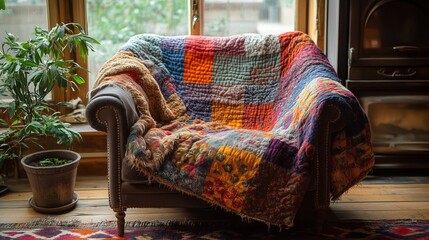 A colorful patchwork quilt draped over a cozy armchair in a sunlit living room. Perfect for showcasing warmth, comfort, and home decor themes.