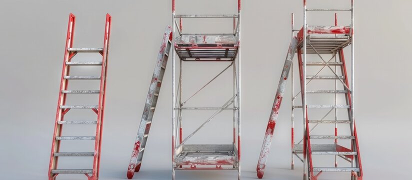 Scaffolding and ladders of various sizes and styles used for construction building maintenance and repair work on elevated structures and worksites