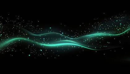 Abstract teal wave with glittering particles in dark space