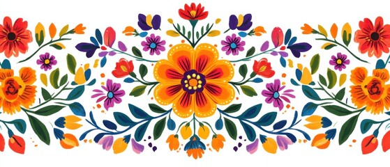 Vibrant Mexican Floral Border, Fiesta Flowers, Colorful Handpainted Design