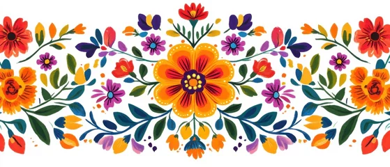 Fototapeten Vibrant Mexican Floral Border, Fiesta Flowers, Colorful Handpainted Design © Fernando