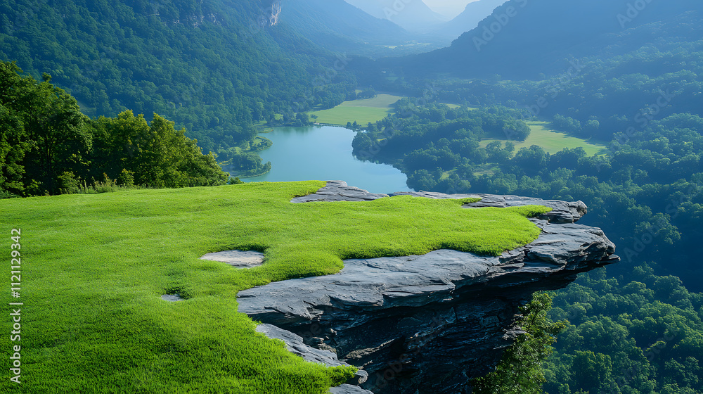 Aufkleber a scenic view of lush greenery atop a cliff, overlooking a serene lake and mountains in the backgrou
