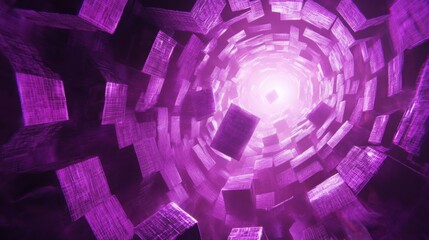 Exploring hypnotic visuals in a purple spiral tunnel digital art abstract surreal environment eye-level viewpoint conceptual design