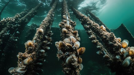 Underwater Mussels Clinging to Submerged Pier Pillars