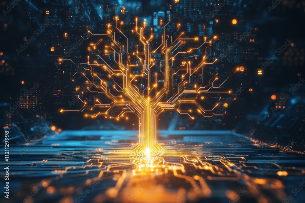 Poster digital tree with branching circuitry emerging from a microchip.