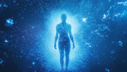 A Human Form Emerging From Blue Energy Particles