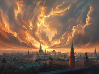 Dramatic sunset over moscow's kremlin urban landscape photography majestic sky aerial view nature's beauty