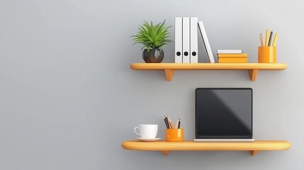 Modern workspace with orange accents, laptop, and plant on shelves against gray wall.