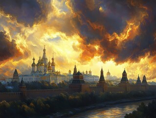 Majestic sunset over historic kremlin moscow landscape photography atmospheric wide-angle serenity and grandeur