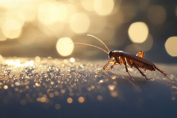 Fototapeta premium A single cockroach perched on a sink edge, water droplets nearby, under soft artificial light. 