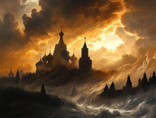 Majestic castle silhouette against dramatic sunset sky fantasy landscape artistic illustration atmospheric environment epic viewpoint