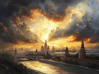 Majestic sunset over the kremlin moscow landscape photography dramatic skies wide angle view artful representation