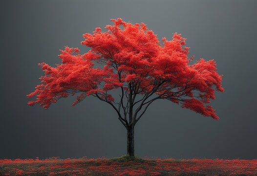 A solitary tree with vibrant red foliage stands against a dark, moody background. Fallen leaves carpet the ground. Digital painting of autumnal scene