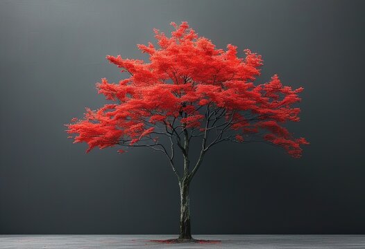 A solitary tree with vibrant red foliage stands against a dark, moody background. Fallen leaves carpet the ground. Digital painting of autumnal scene