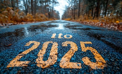 Fototapeta premium A Road with 'Happy New Year 2025' Painted on It.