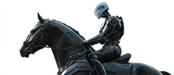 Futuristic Robot Riding a Sleek Black Horse: SciFi Stock Photo