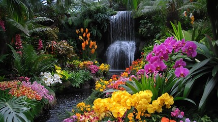 Fototapeta premium A vibrant tropical garden with blooming orchids, lush ferns, and the sound of a distant waterfall