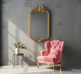A pink velvet armchair with gold accents sits in front of a large ornate mirror in a modern interior design setting