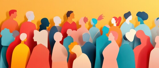 Diverse Crowd of People, Colorful Paper Cutout Illustration, Community Concept