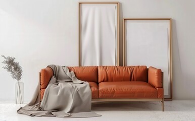A modern living room with a brown leather sofa. a beige throw. and two empty frames on the wall
