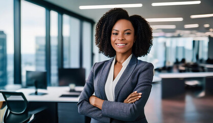 Portrait of a successful businesswoman standing with arms crossed inside an office. Represents confidence, leadership, and professionalism in a corporate environment.
