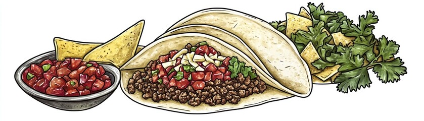 A colorful illustration of tacos with salsa, chips, and cilantro, showcasing a delicious meal.